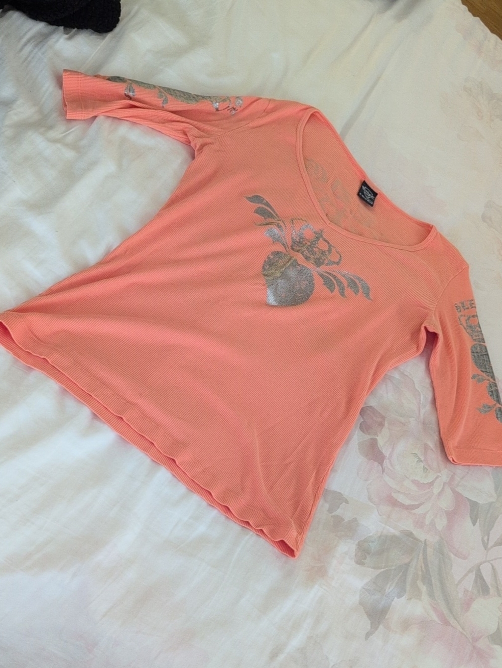 Edge Coral Long-Sleeve Scoop Neck Tee with Silver Floral Accents